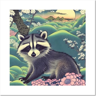 Funny Cute Raccoon with Big Eyes in the Nature Jungle Forest Posters and Art